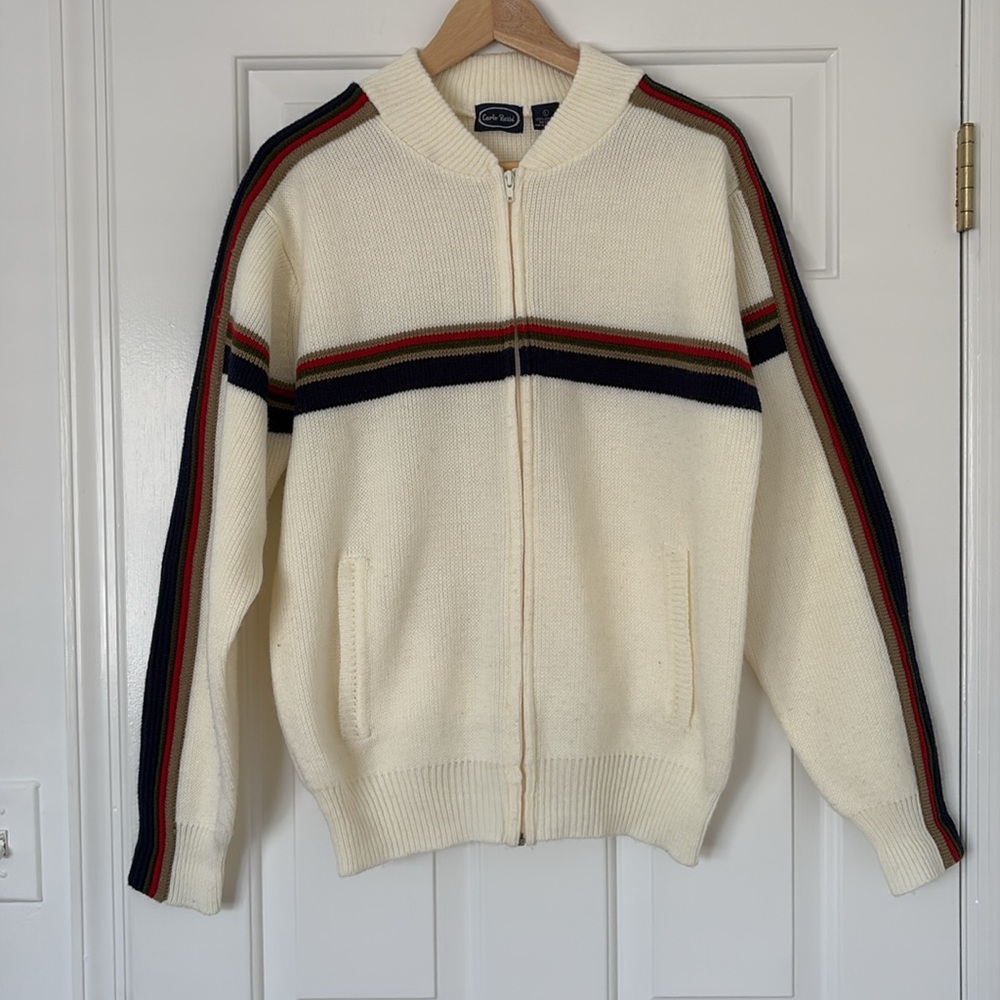 VTG striped acrylic sweater large medium small chunky zip cardigan Carlo Rossi